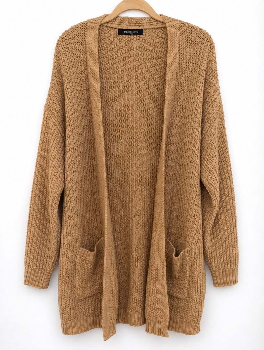MEROKEETY XXL Hooded Waffle Knit Open Front Cardigan Cozy Boyfriend Sweater